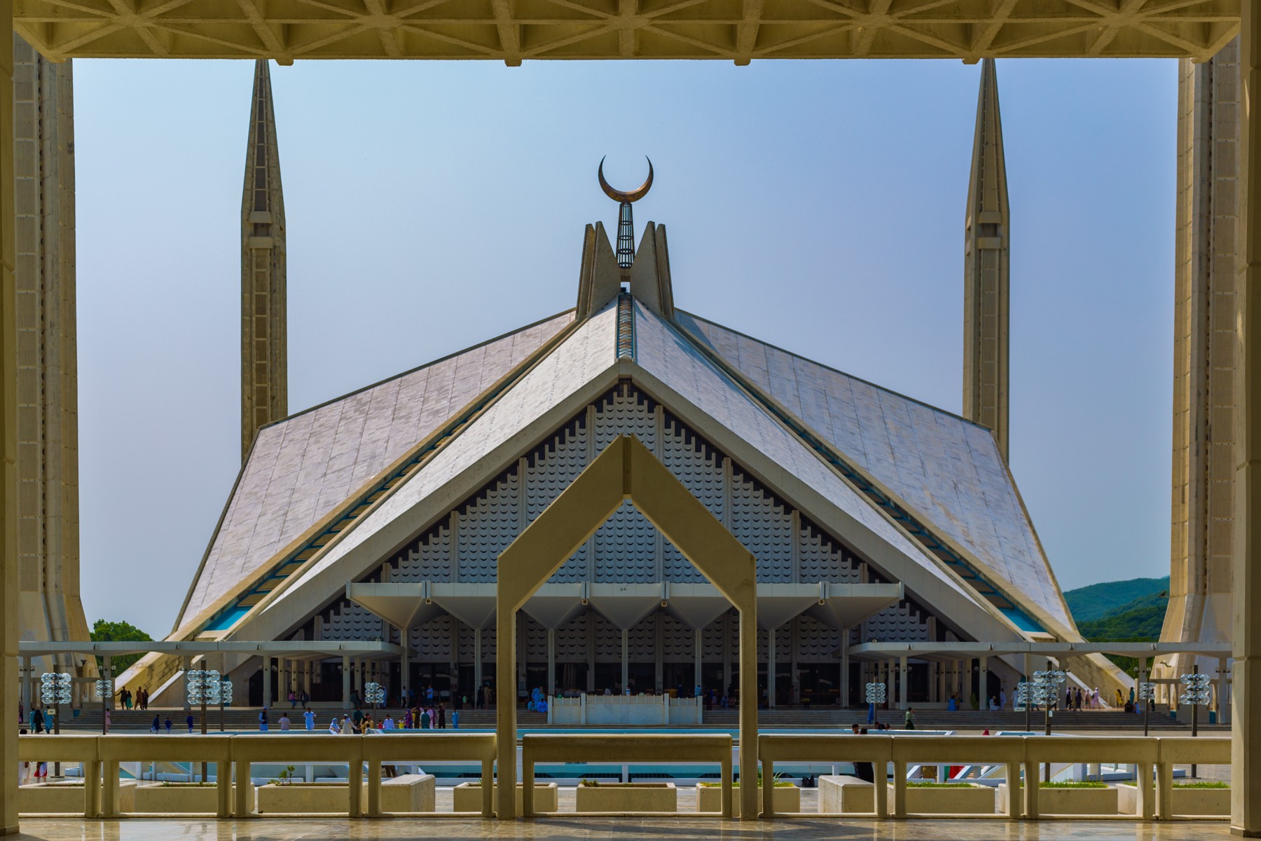 Faisal Mosque in Islamabad, framed by its courtyard arches
